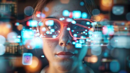 Digital Dystopia - Conceptual Illustration of Individual Overwhelmed by Social Media Icons in Cyberpunk Setting