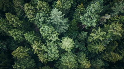 Fototapeta premium Aerial photograph showcasing the lush, dense canopy of a green forest, highlighting the rich and diverse foliage from above