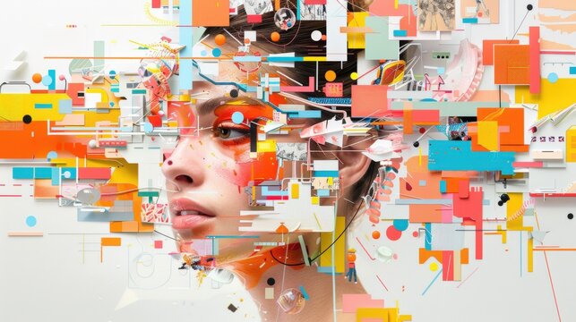 Digital Chaos Collage: Multitasking Character Amid Floating App Windows in Pop Art Style with Bright Colors - Illustrating Modern Digital Overload