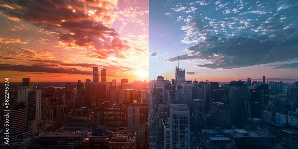 Poster two different views of a city skyline at sunset. one view is more colorful and vibrant, while the ot