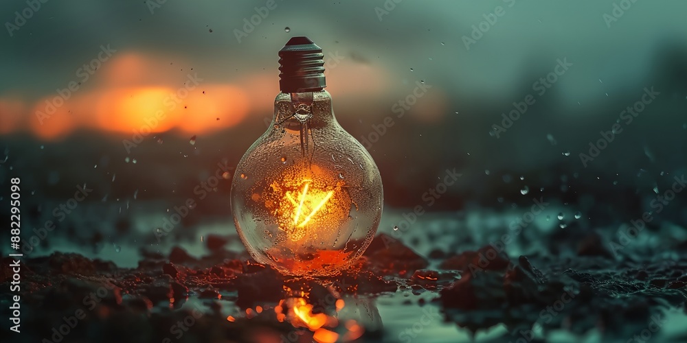 Poster a light bulb is lit up in a glass jar. the light is shining through the jar, creating a warm and inv