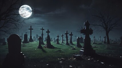 Ghosts rising from their graves with creepy headstones