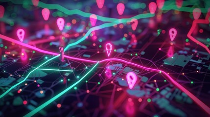 Neon Cityscape with Glowing Location Markers