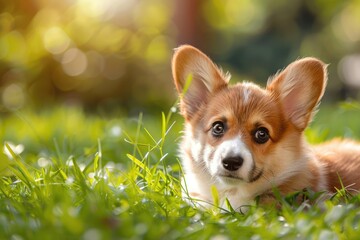 Pembroke Welsh Corgi Puppy Playing in Lush Green Summer Grass