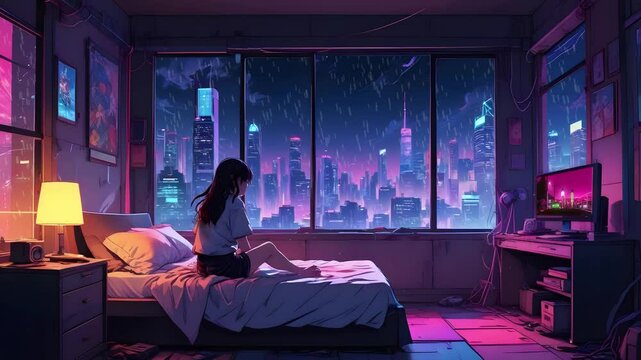 Neon city night heavy rain, thunder storming, a cat sitting alone in the road, lofi animation loop