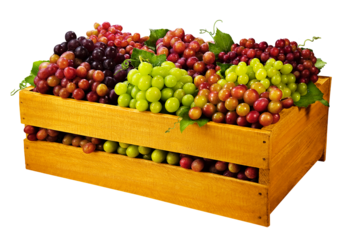 caixa de madeira com diferentes tipos de uvas frescas isolado em fundo transparente