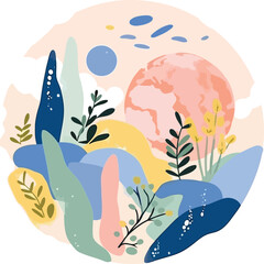 Trendy and colorful tree and leaves abstract circular shape doodle art for print, wallpaper, clipart