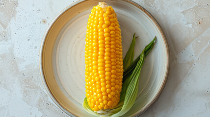 A single ear of corn on a white plate with husks partially removed.