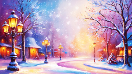 Obraz premium Soft snowfall and glowing lights blurred winter background 