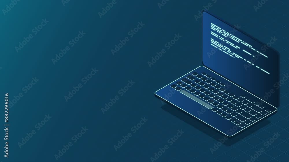 Poster Isometric laptop animation. 3d isometric laptop computer. Abstract programming language and program code on a laptop screen. 4K video animated in isometric style