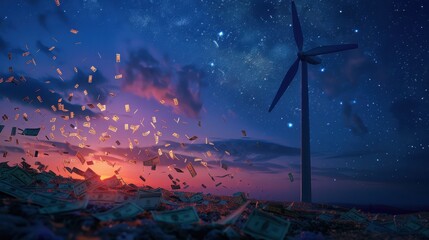 A wind turbine powered by rotating banknotes in a vast field theme, front view, symbolizing renewable wealth, futuristic tone, Complementary Color Scheme