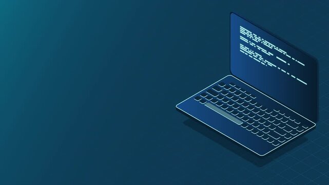 Isometric laptop animation. 3d isometric laptop computer. Abstract programming language and program code on a laptop screen. 4K video animated in isometric style
