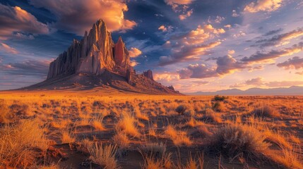 Naklejka premium New Mexico Outdoors: Shiprock Cliff at Dusk in the Beautiful American Desert