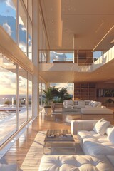 12 A modern luxury apartment with a spacious living area, featuring designer furniture and breathtaking views. Wide angle, photorealistic, very detailed