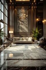 13 A sophisticated interior with a blend of modern and luxury elements, showcasing a stylish seating area and chic decor. Wide angle, photorealistic, very detailed