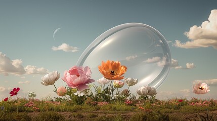 Digital art blending cosmic landscapes, innovative technology, and colorful flowers to represent the harmonious relationship between space exploration, discovery, and nature Illustration, Image, sci,