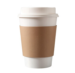 A plain white disposable takeaway coffee cup with a black lid, placed on a table. Perfect for coffee shops or branding mockups isolated transparent image