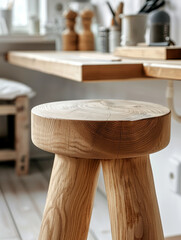 Wooden stool in a rustic kitchen interior.
