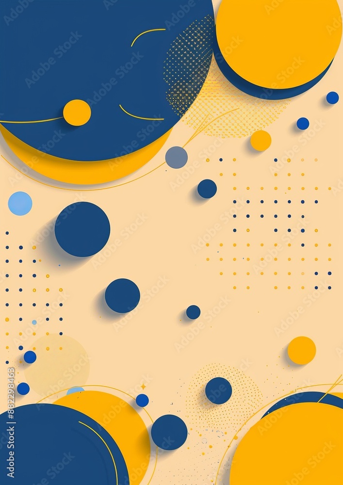 Canvas Prints This colorful abstract art piece features geometric shapes, dots, circles, lines, and patterns in vibrant yellow and blue tones, set against a light background.