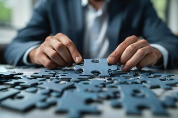 closeup shot of a businessman meticulously fixing jigsaw pieces at his desk, symbolizing creativity, problem-solving, and implementation in the corporate world.