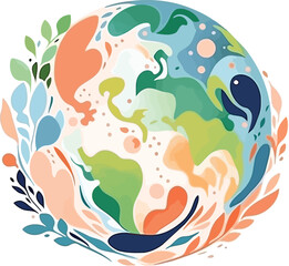 Colorful and abstract painting of earth,
the painting is full of different shapes and colors, leaves,