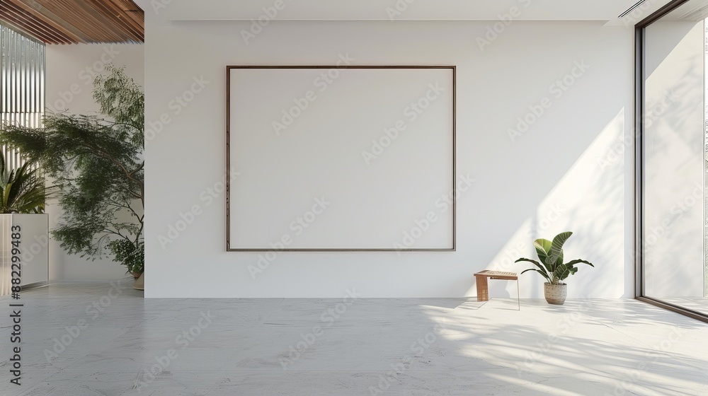 Poster A bright, minimalistic room with a large blank canvas, a small wooden bench, and a pot plant, bathed in natural sunlight creating an airy feel.