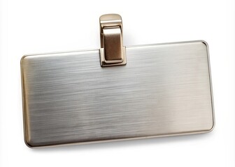 Shiny blank metal name tag with a silver finish and a sturdy clip attached, isolated on a white background, waiting for customization.