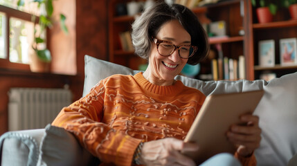 Happy pretty elder woman using digital tablet computer at home, reading electronic book, talking on video call, enjoying online communication, domestic Internet technology