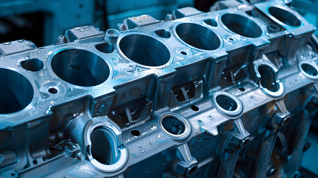cylinder block of diesel engine repair. Close-up of the cylinder block in blue tone. Car engine cylinder heads. Industry car service concept background