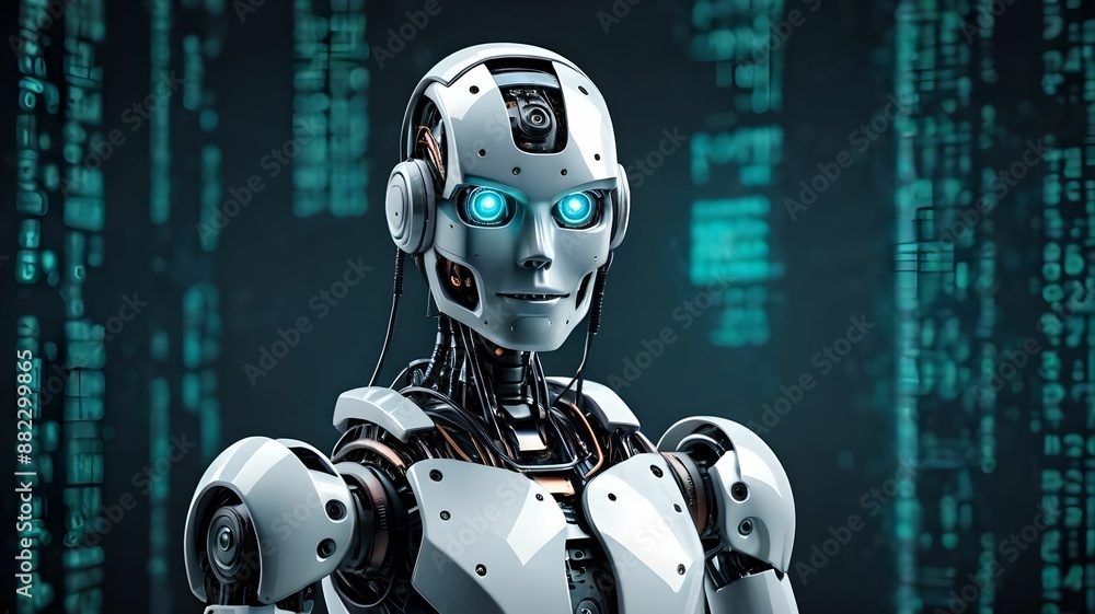 Wall mural cyberpunk robot on digital code background