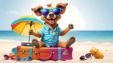 A dog in sunglasses basks in the sun during a beach holiday, surrounded by a colorful suitcase. Fun and carefree illustration on a white background.