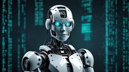 Cyberpunk robot on digital code background