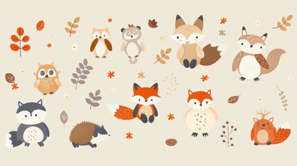 A cute wallpaper with simple cartoon-style animals such as foxes, owls, and hedgehogs 