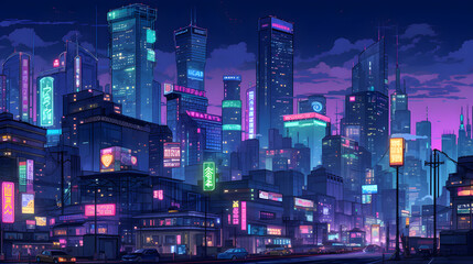 Obraz premium Pixel art illustration of a running city in nighttime.