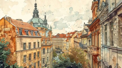 Naklejka premium ink and watercolor illustration of an old European cityscape