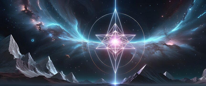 Abstract futuristic landscape with glowing merkabah geometric star on a cosmic mountain background. Generative AI
