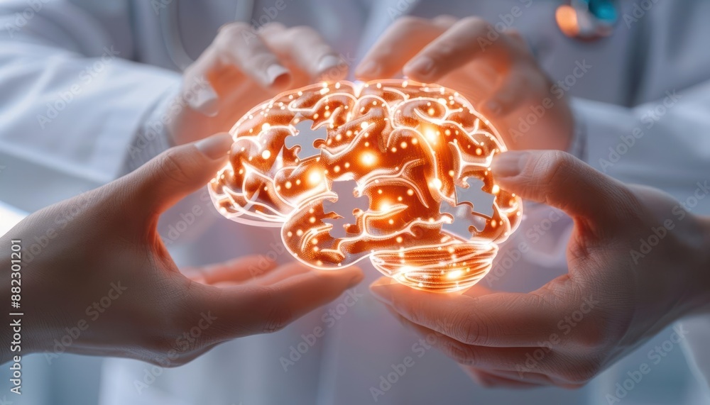 Poster hands holding an illuminated brain model, symbolizing the connection between technology and neurosci