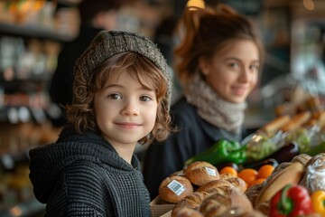 Fototapeta premium A young boy wearing a knit hat smiles at the camera while standing in a grocery store aisle filled with various breads, while a woman smiles in the blurred background.