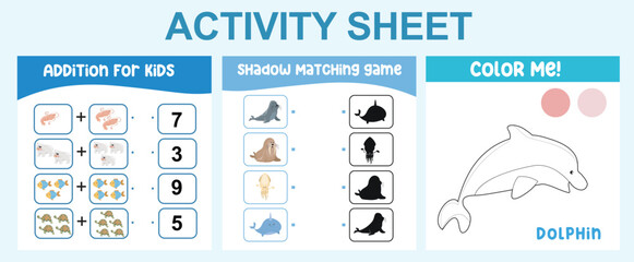 Educational printable worksheet. Activity sheet for children with sea animal theme. Mathematic counting, coloring page worksheet and shadow matching page.