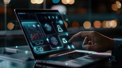 Hand Interacting with Futuristic Interface on Laptop