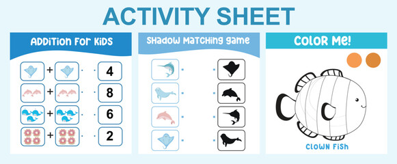 Educational printable worksheet. Activity sheet for children with sea animal theme. Mathematic counting, coloring page worksheet and shadow matching page.