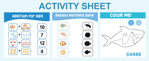 Educational printable worksheet. Activity sheet for children with sea animal theme. Mathematic counting, coloring page worksheet and shadow matching page.