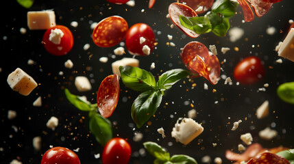 Flying Pizza Ingredients with Pepperoni, Basil, and Cheese