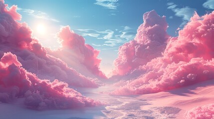 A pink desert landscape with pink rocks and pink sand