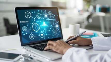 Doctor Using a Laptop with a Medical Interface
