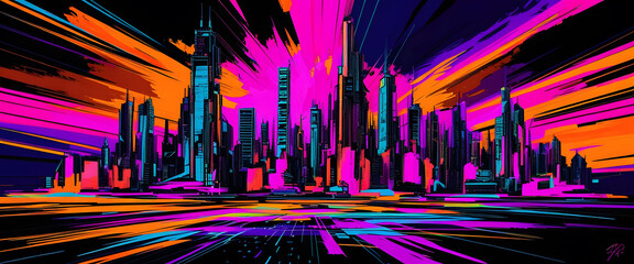 Vibrant Cyberpunk Cityscape at Night: Dynamic Energy in Digital Drawing