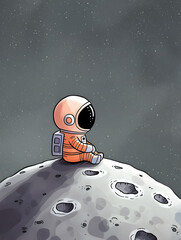 Contemplative Astronaut on Cratered Moon, Gazing into the Cosmic Void