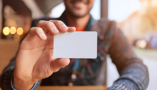 Man in cozy cafe, showing an empty business card close to the camera, focus on the business card mockup, brand identity, entrepreneur.
