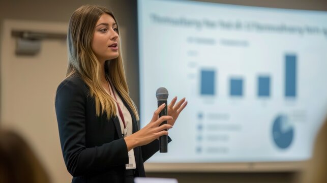 Young Woman Giving a Presentation with a Microphone