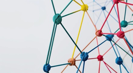 Sophisticated and elegant illustration of colorful ropes connected in the shape of an intricate web or network, representing diverse connections between people, on a white background Generative AI